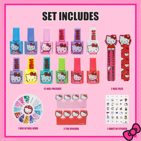 Townley Girl Hello Kitty open kit laid out with polishes and tools benefit: ready-to-play organization