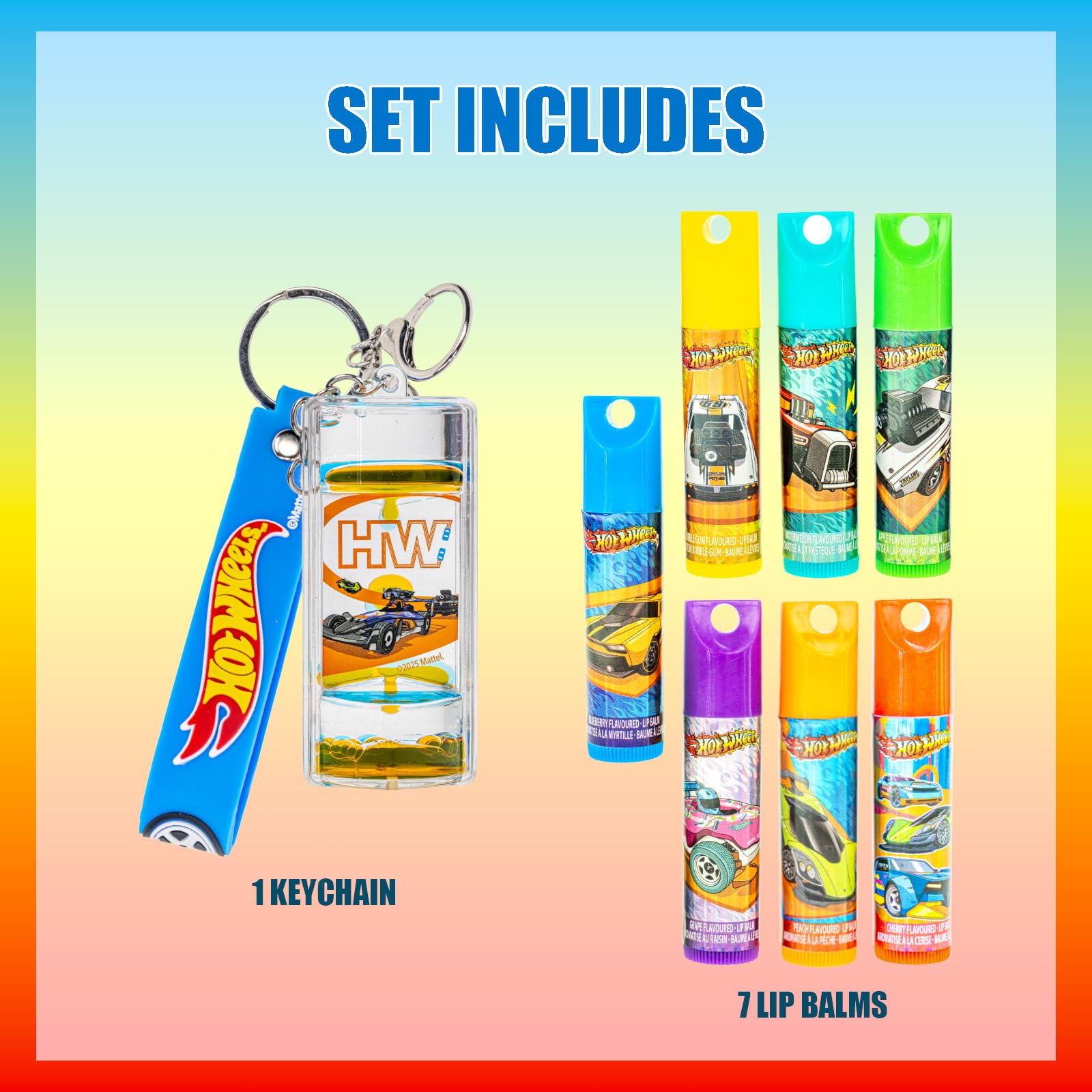 Townley Girl Hot Wheels seven tubes arranged displaying variety benefit: multiple flavors for sharing