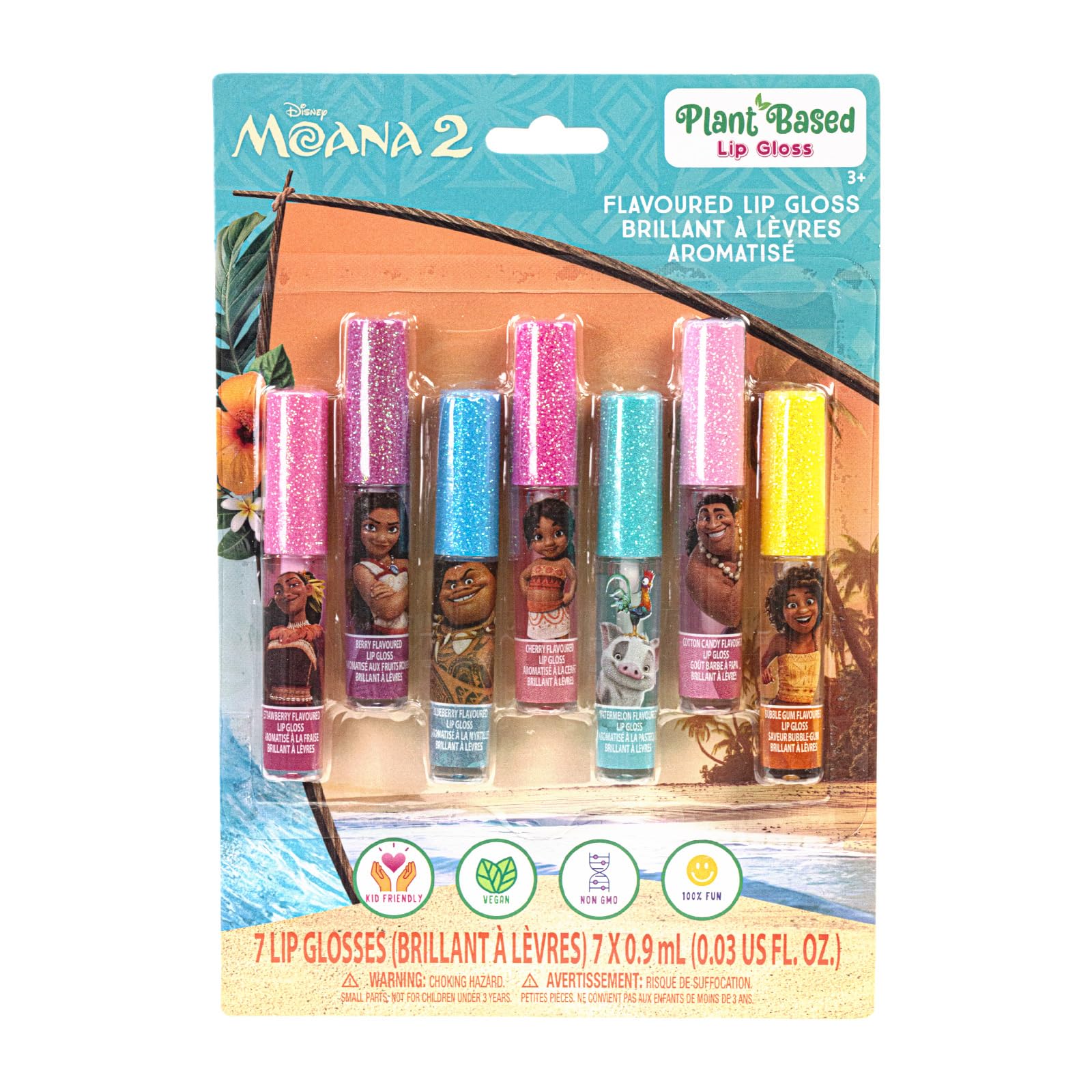 Townley Girl front packaging showing Moana characters and seven glosses, playful gift-ready
