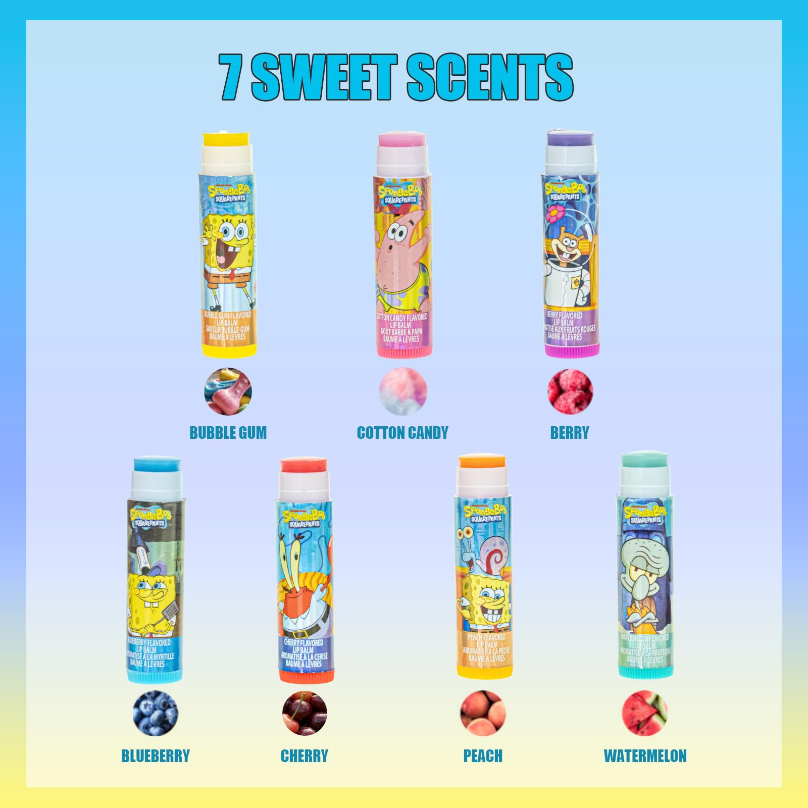 Townley Girl SpongeBob all seven tubes arranged to show variety of fruity scents and fun