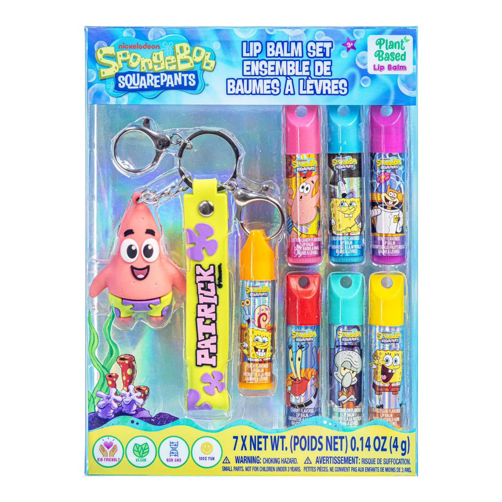 Townley Girl SpongeBob front packaging showing colorful tubes and keychain benefit portability