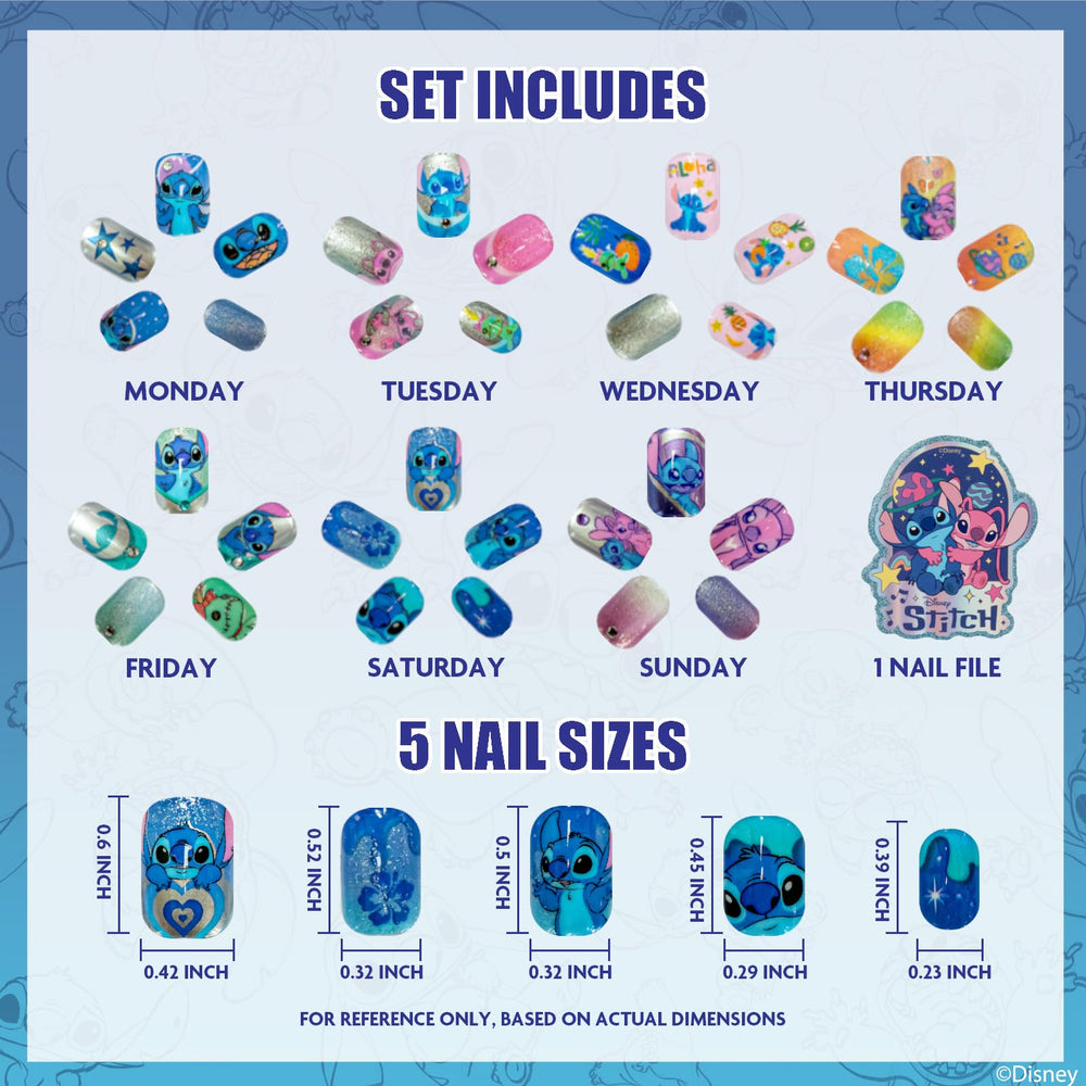 Townley Girl flat lay of varied Stitch nail designs, encourages creative combos