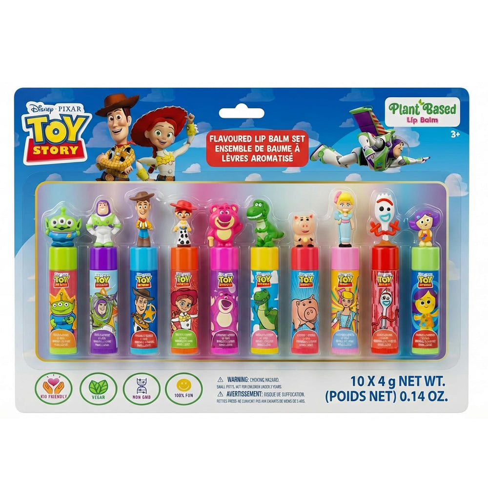Townley Girl front packaging showing ten Toy Story lip balms and toppers