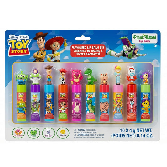 Townley Girl front packaging showing ten Toy Story lip balms and toppers