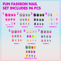 Townley Girl assorted nails laid out displaying patterns and size variety for mixing