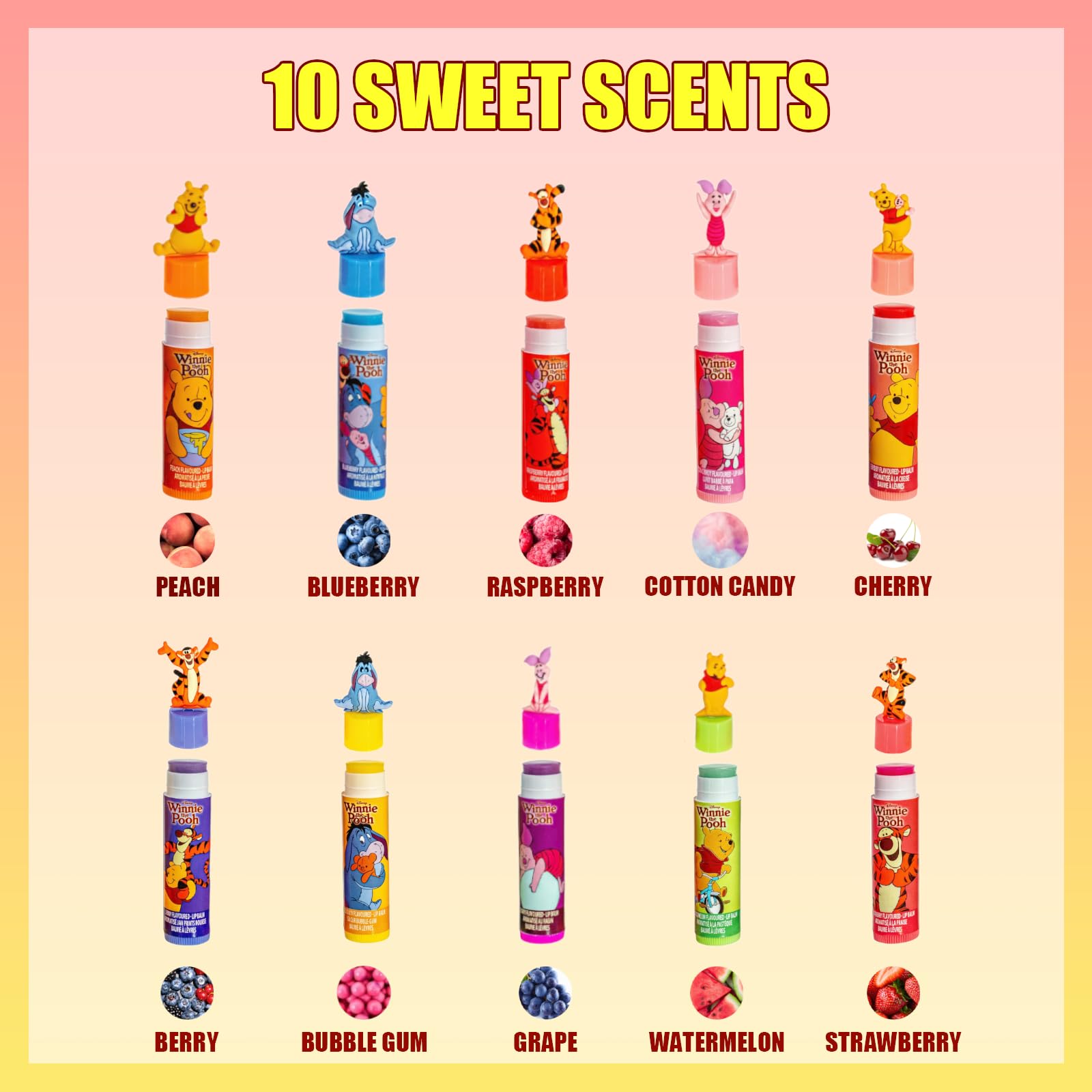 Townley Girl overhead display of ten lip balms showing flavor variety and toppers