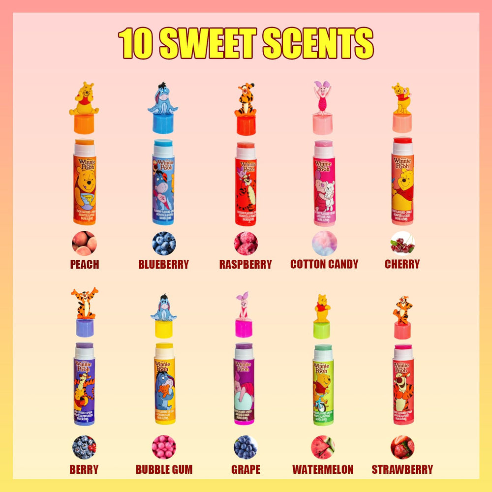Townley Girl overhead display of ten lip balms showing flavor variety and toppers