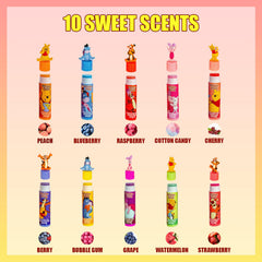 Townley Girl overhead display of ten lip balms showing flavor variety and toppers