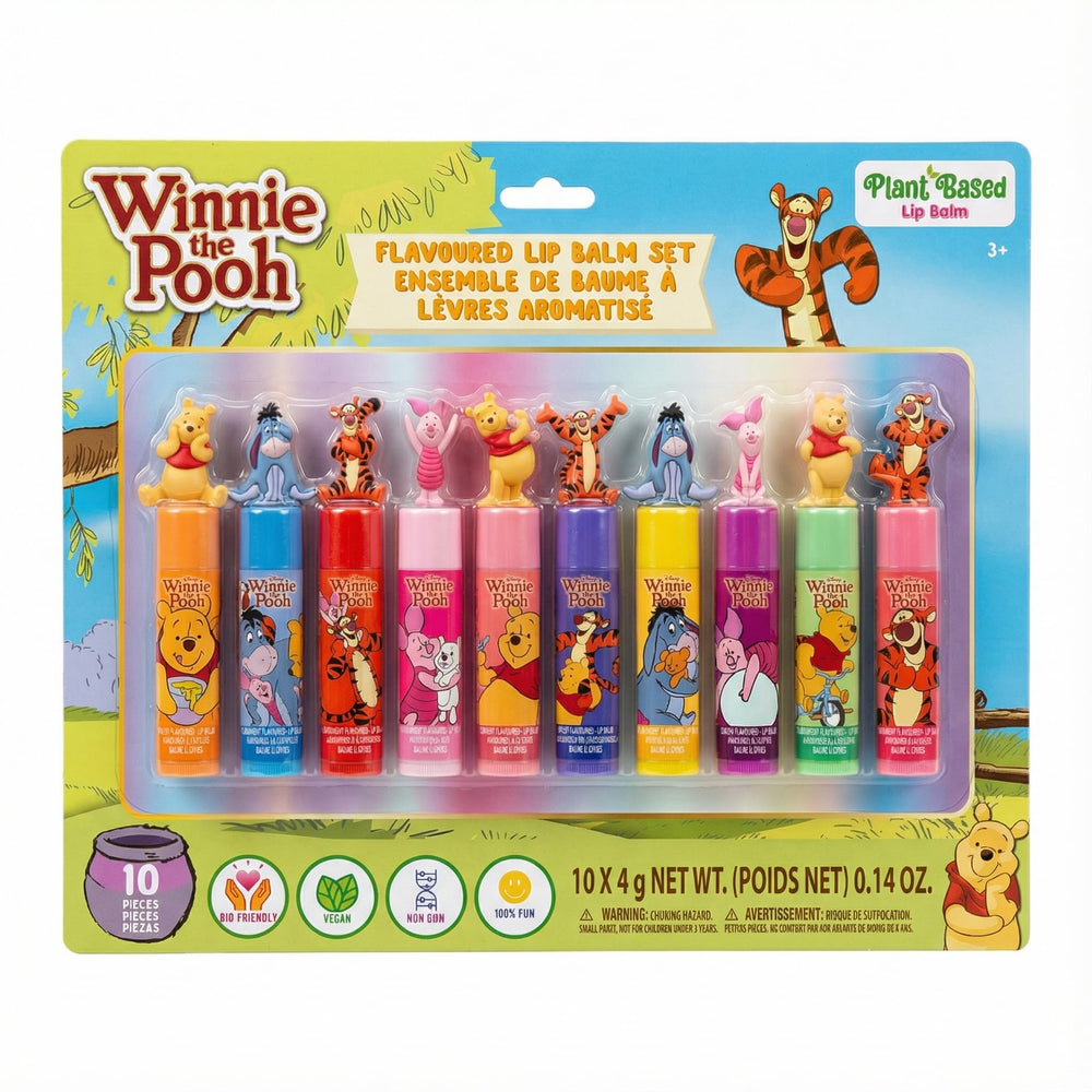 Townley Girl front packaging showing 10 Pooh character balm toppers and colorful tubes