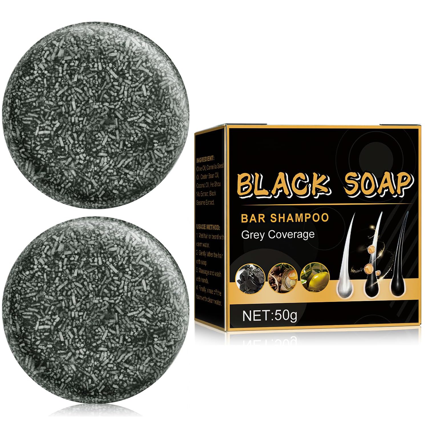 TPTAL front packaging showing two darkening shampoo bars and benefit of natural coverage