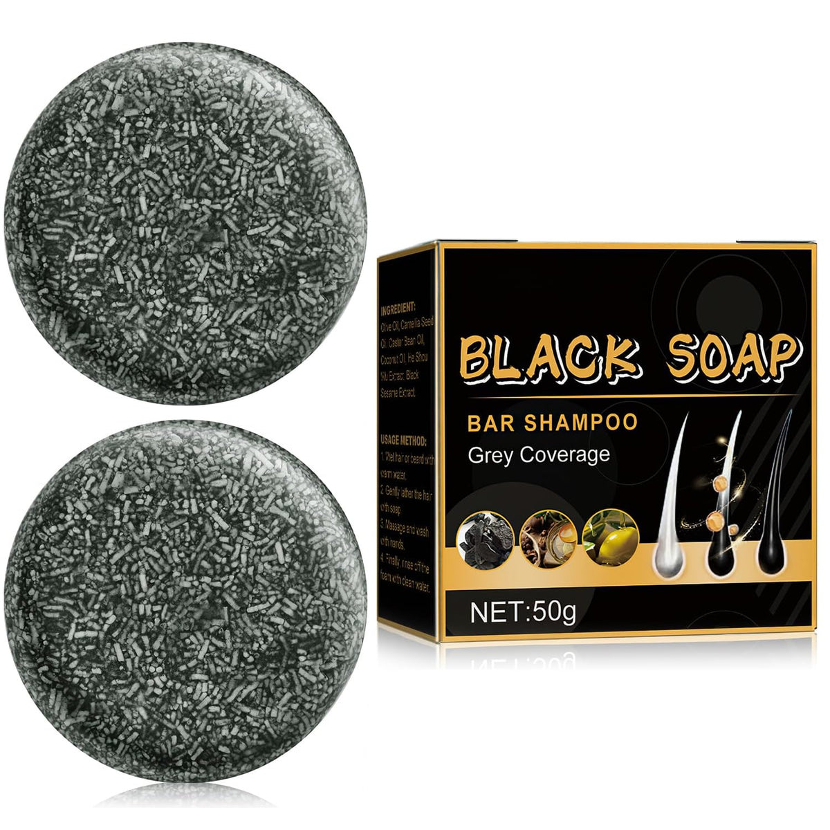 TPTAL front packaging showing two darkening shampoo bars and benefit of natural coverage
