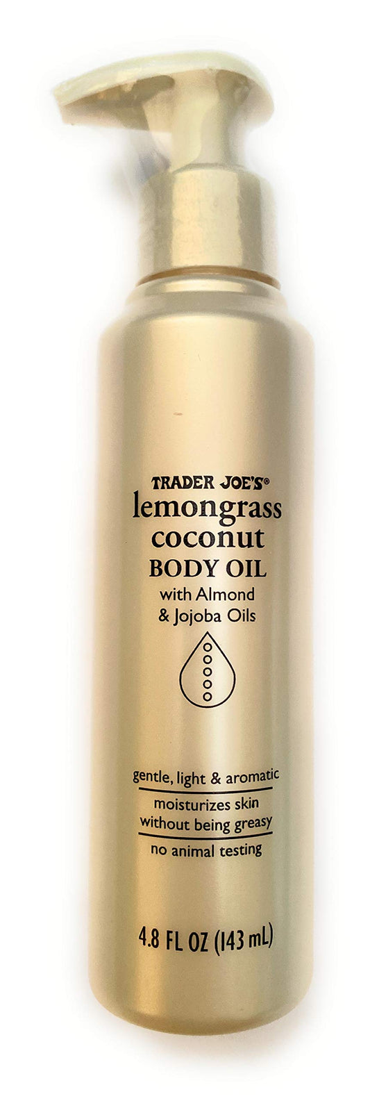 Trader Joe's bottle front view showing label and pump, highlights convenient dispensing