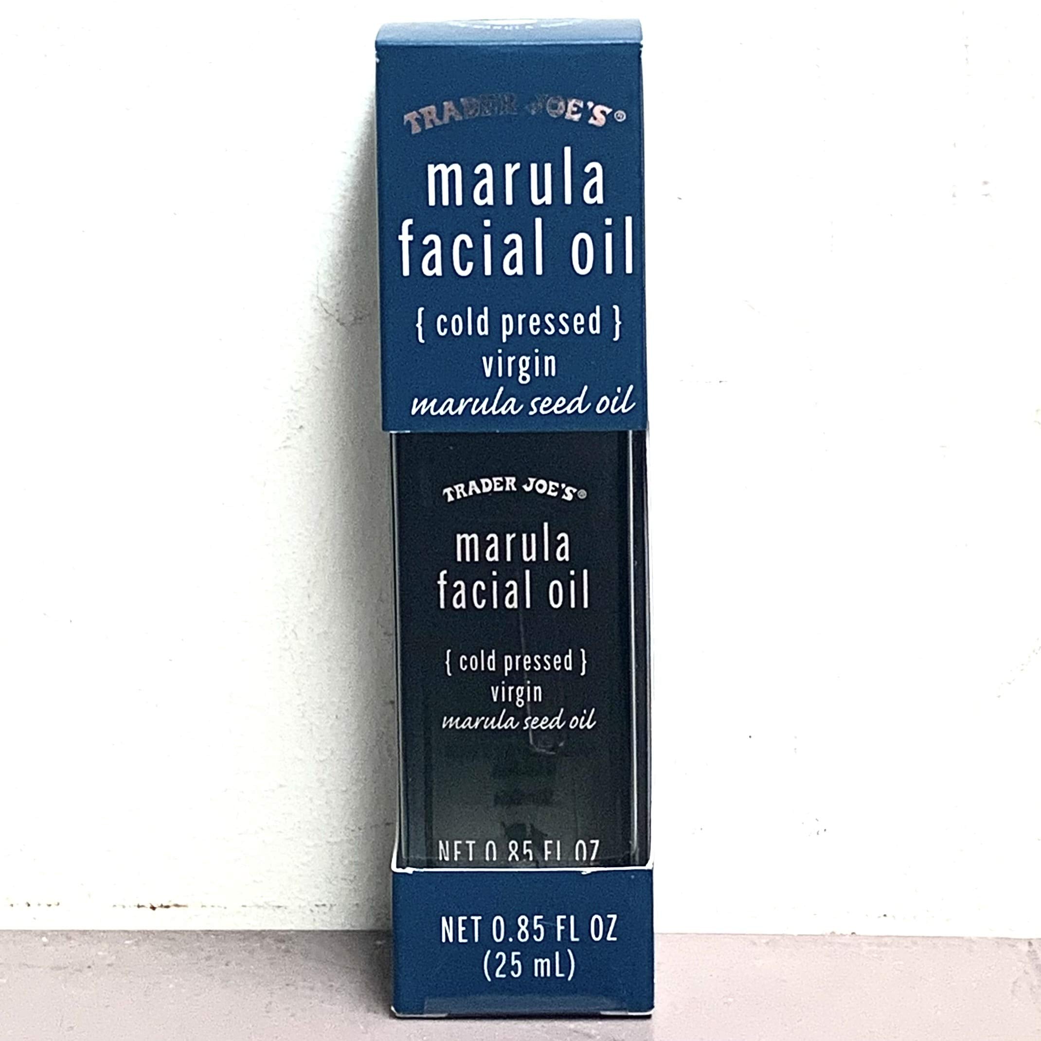 Trader Joe's marula facial oil front bottle showing label and benefit of hydration