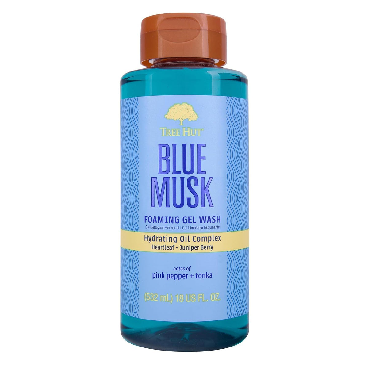 Tree Hut front bottle view showing label and elegant blue musk scent benefit