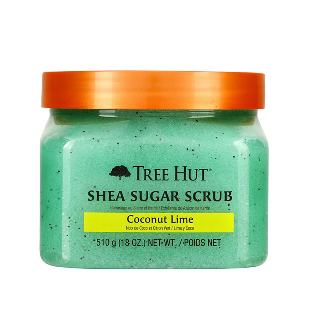 Tree Hut jar front view showing Coconut Lime label and vibrant packaging benefit: clear product ID