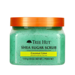 Tree Hut jar front view showing Coconut Lime label and vibrant packaging benefit: clear product ID