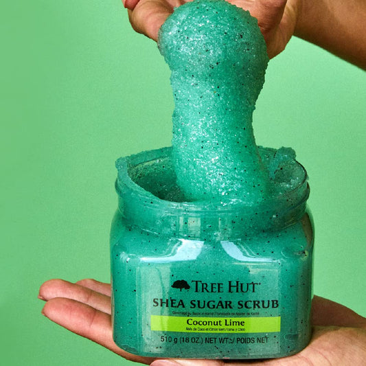 Tree Hut open jar texture of shea sugar scrub showing creamy consistency benefit: easy scooping