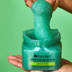 Tree Hut open jar texture of shea sugar scrub showing creamy consistency benefit: easy scooping