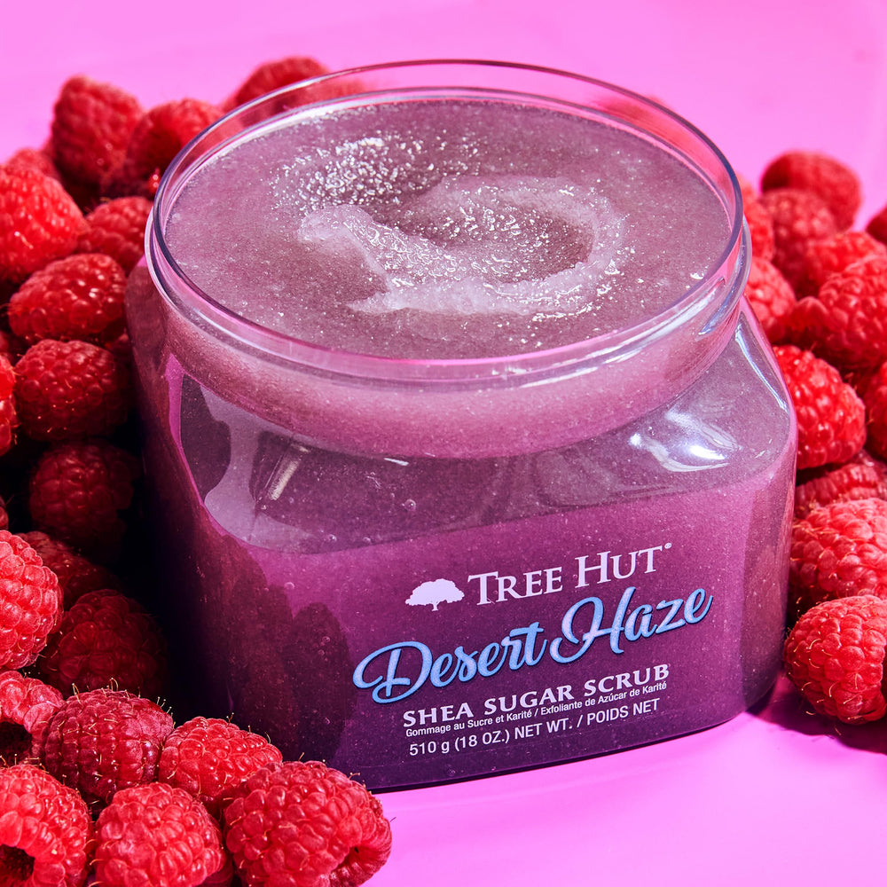 Tree Hut open jar close-up revealing sugar scrub texture and creamy shea-rich consistency
