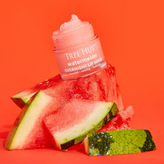Tree Hut lip mask applied on lips at night, restores softness