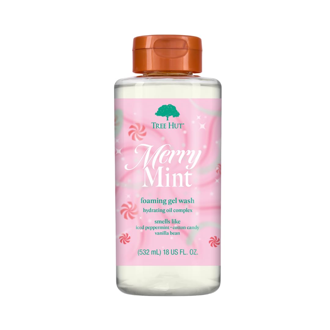 Tree Hut bottle front packaging showing festive peppermint scent benefit
