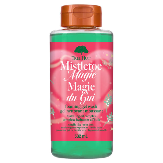 Tree Hut bottle front packaging showing festive mistletoe scent and benefits