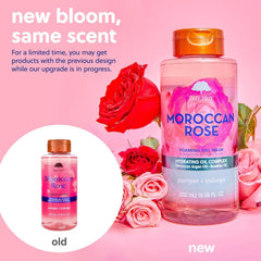 Tree Hut label detail highlighting Moroccan Rose fragrance benefits