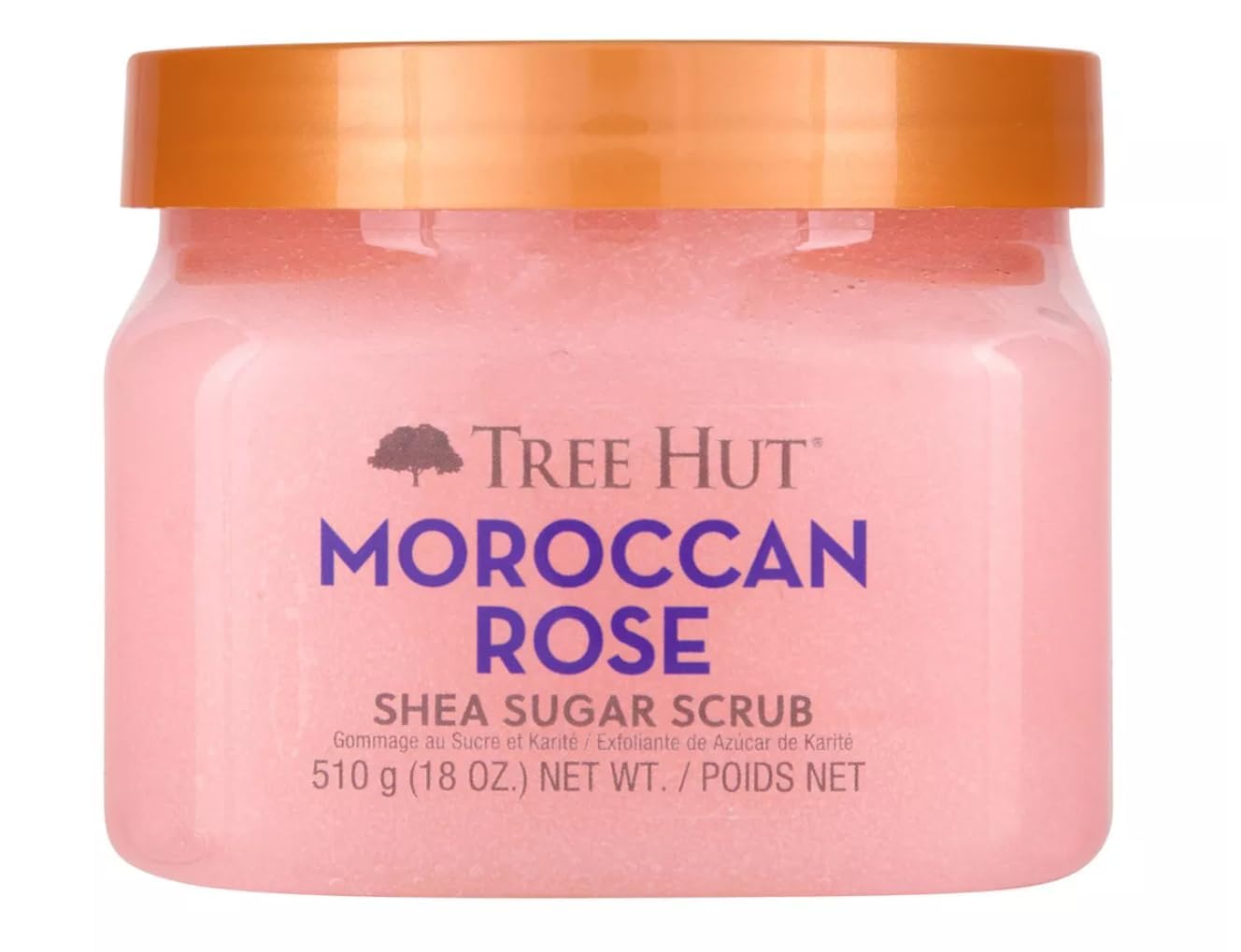 Tree Hut jar front view showing Moroccan Rose fragrance and compact benefit