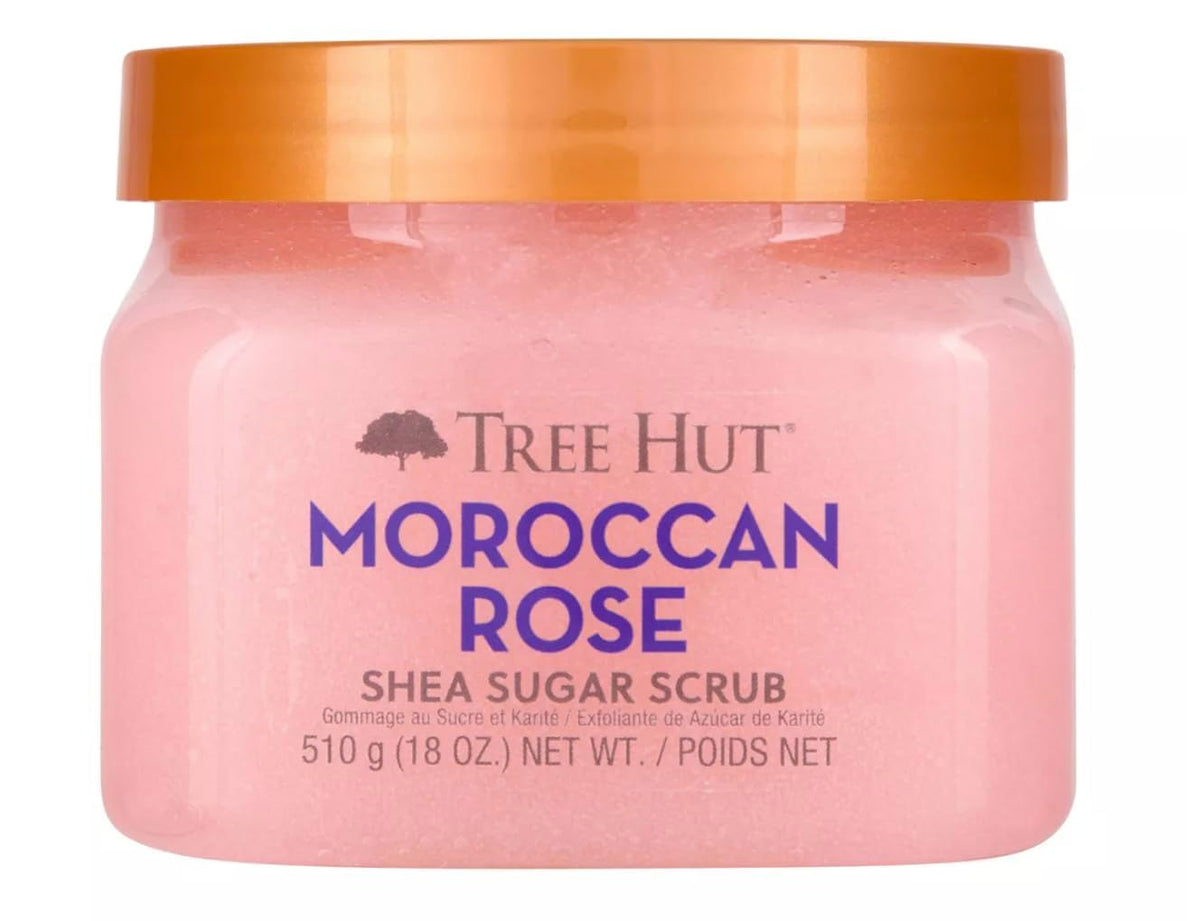 Tree Hut jar front view showing Moroccan Rose fragrance and compact benefit