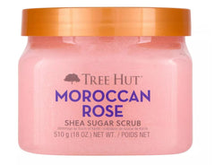 Tree Hut jar front view showing Moroccan Rose fragrance and compact benefit