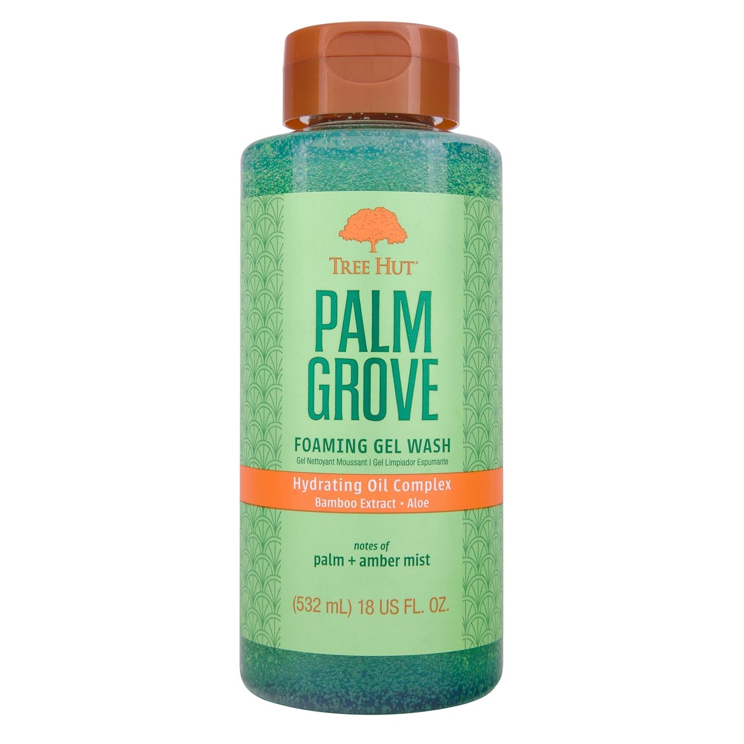 Tree Hut front bottle view showing Palm Grove packaging and calming scent benefit