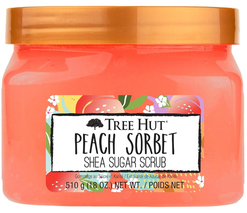 Tree Hut peach sorbet front tub showing packaging and scent appeal