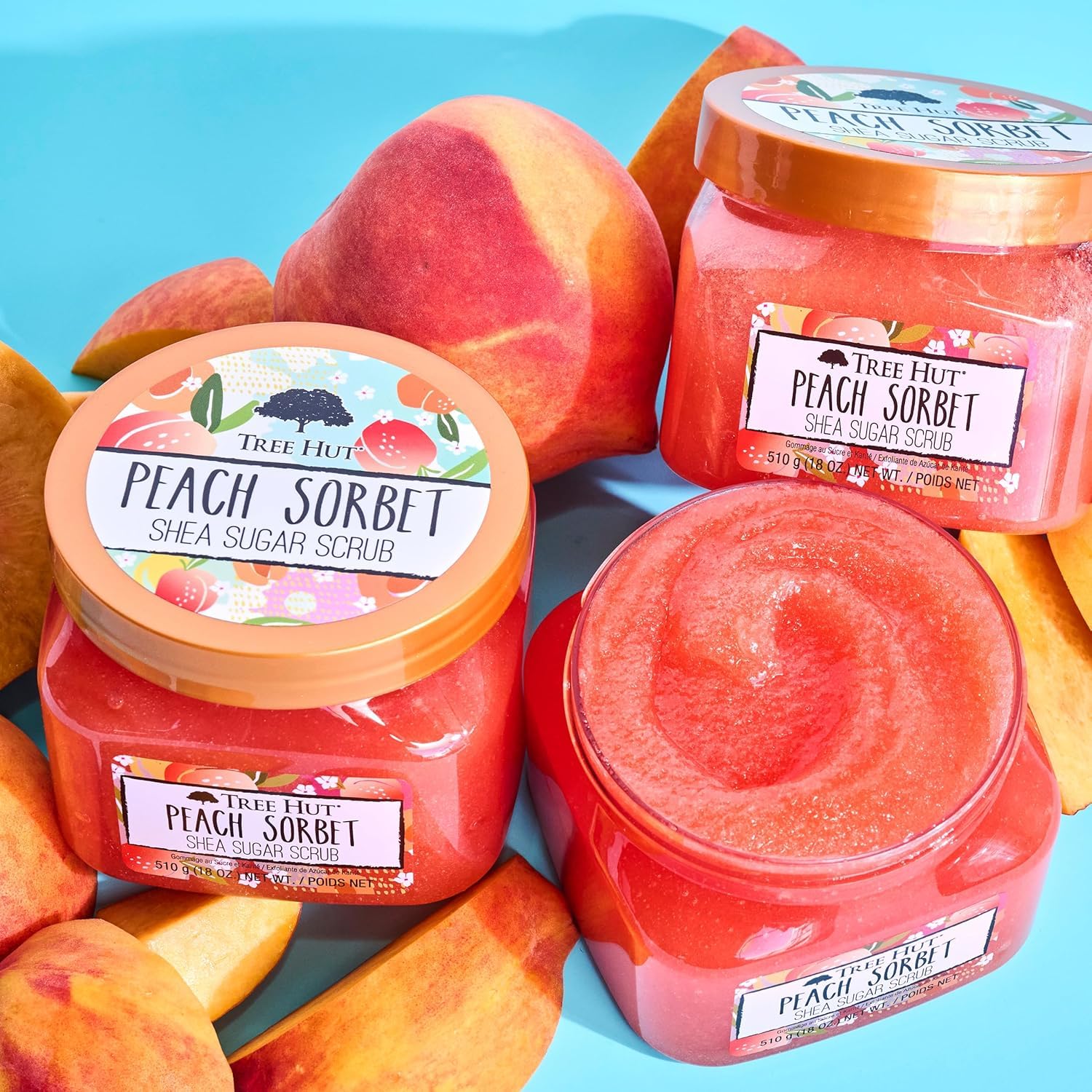 Tree Hut peach sorbet on shower shelf demonstrating in-shower use convenience