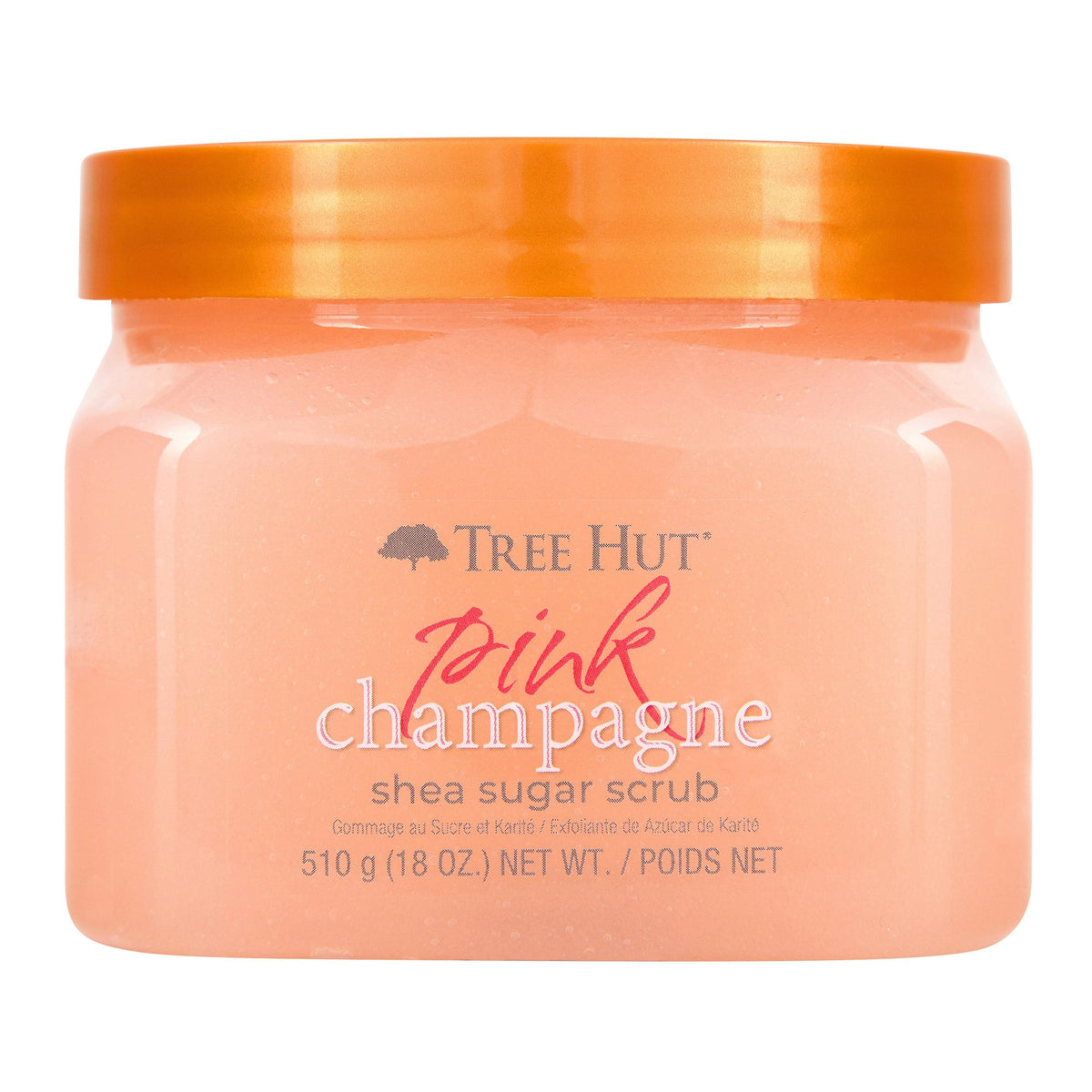 Tree Hut front jar showing pink champagne scrub and attractive packaging for gifting