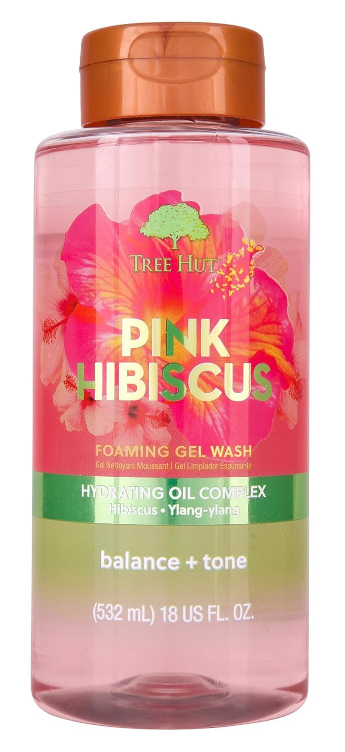 Tree Hut front bottle view showing hydrating pink hibiscus wash benefits