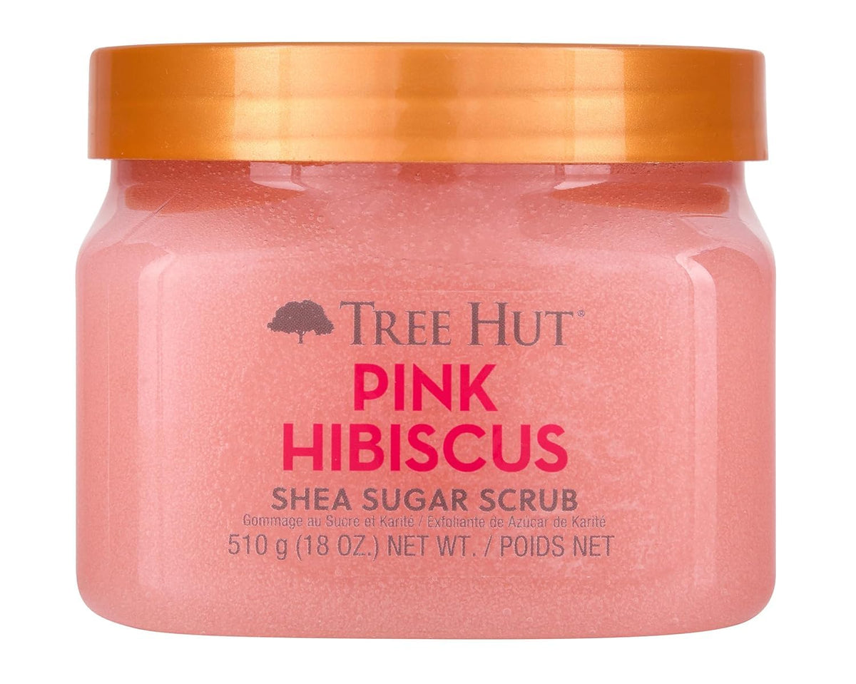 Tree Hut jar front view showing pink hibiscus label and attractive packaging benefit skin care