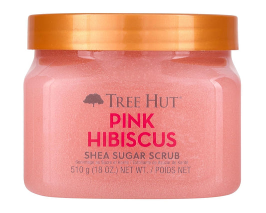 Tree Hut jar front view showing pink hibiscus label and attractive packaging benefit skin care