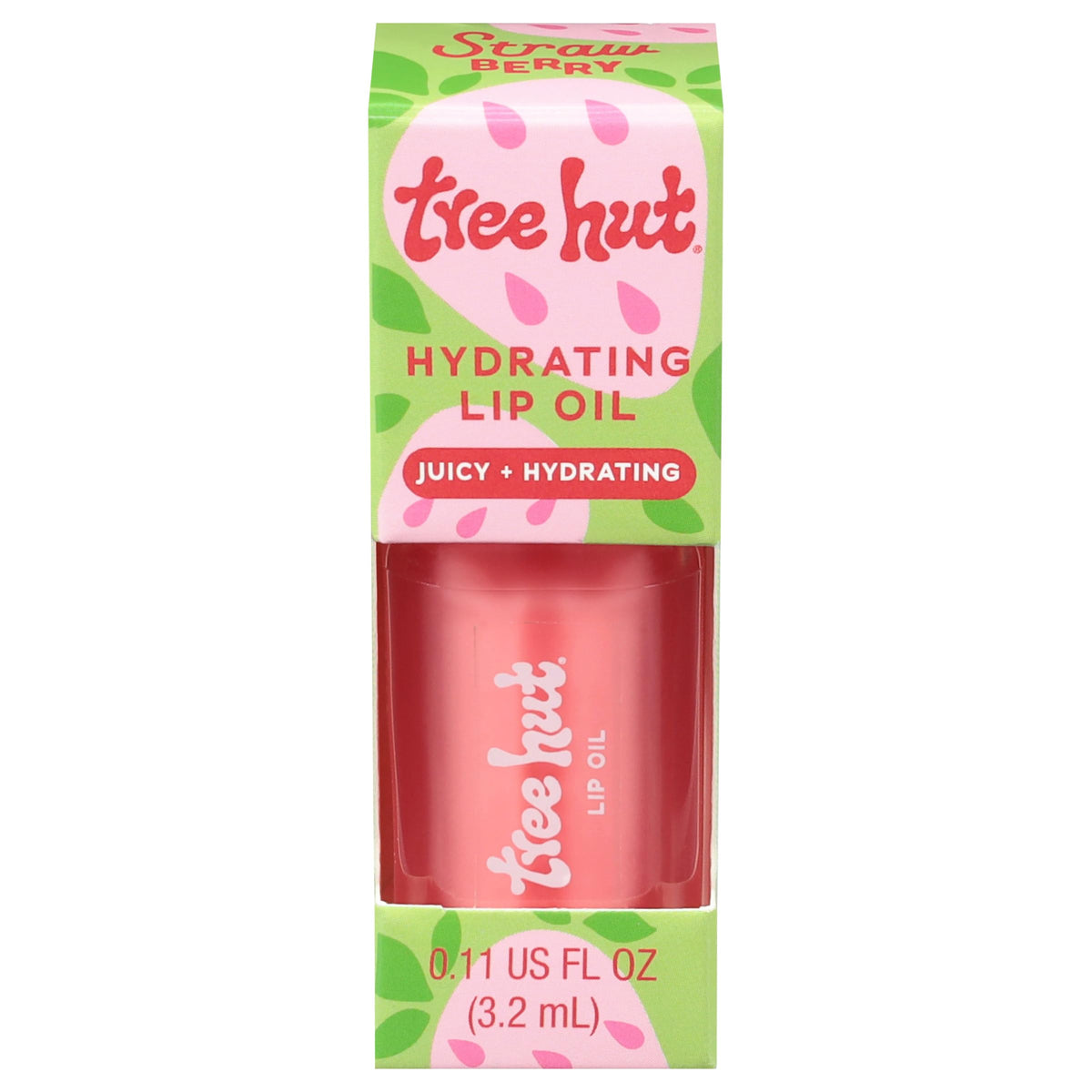 Tree Hut front packaging showing glossy strawberry lip oil and product benefits