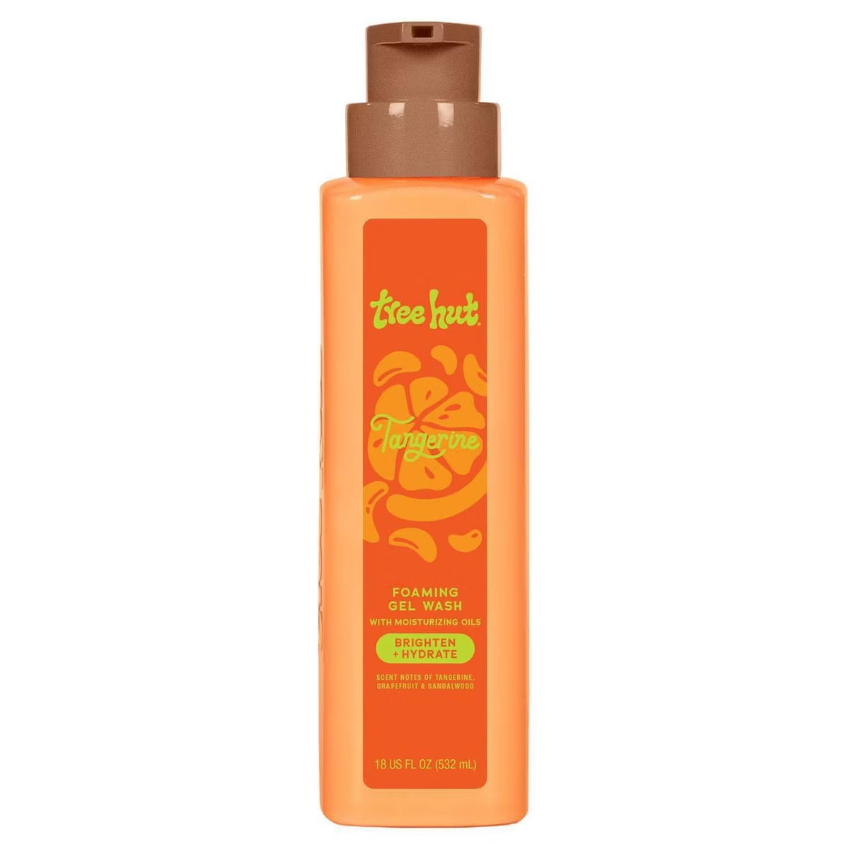 Tree Hut front packaging showing tangerine pump and label, highlights hydration