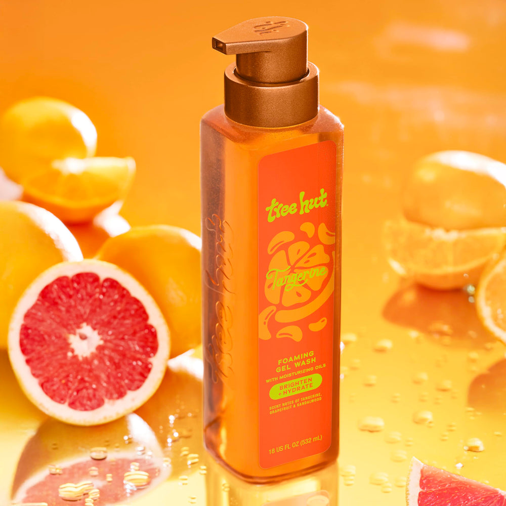 Tree Hut gel lather texture on bath pouf, shows rich foam and cleansing benefit