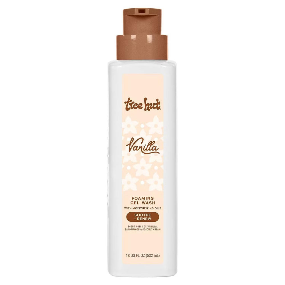 Tree Hut front packaging showing bottle and warm vanilla fragrance benefit