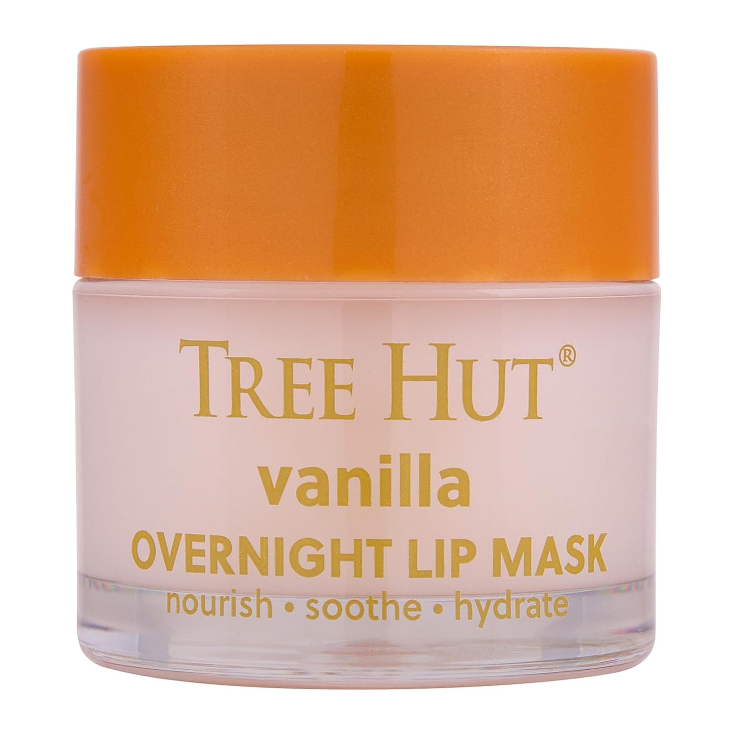 Tree Hut jar front view showing vanilla overnight lip mask benefit: visible moisturization
