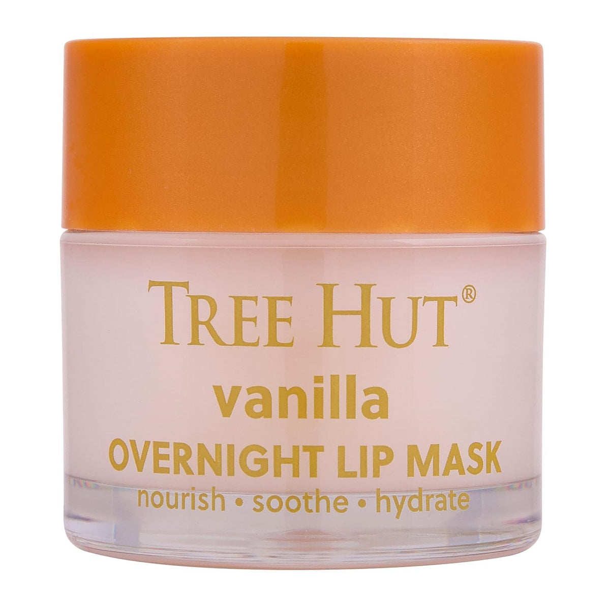 Tree Hut jar front view showing vanilla overnight lip mask benefit: visible moisturization