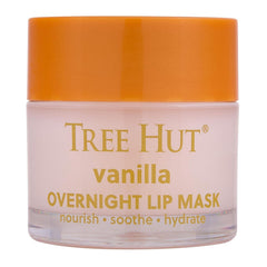 Tree Hut jar front view showing vanilla overnight lip mask benefit: visible moisturization