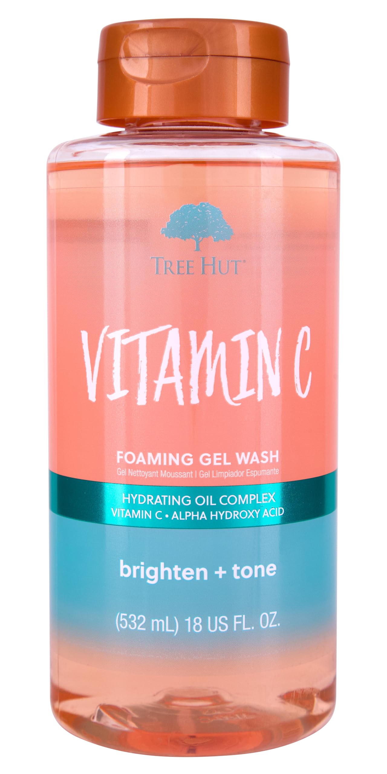 Tree Hut front label showing Vitamin C foaming gel and vibrant packaging benefits bright scent