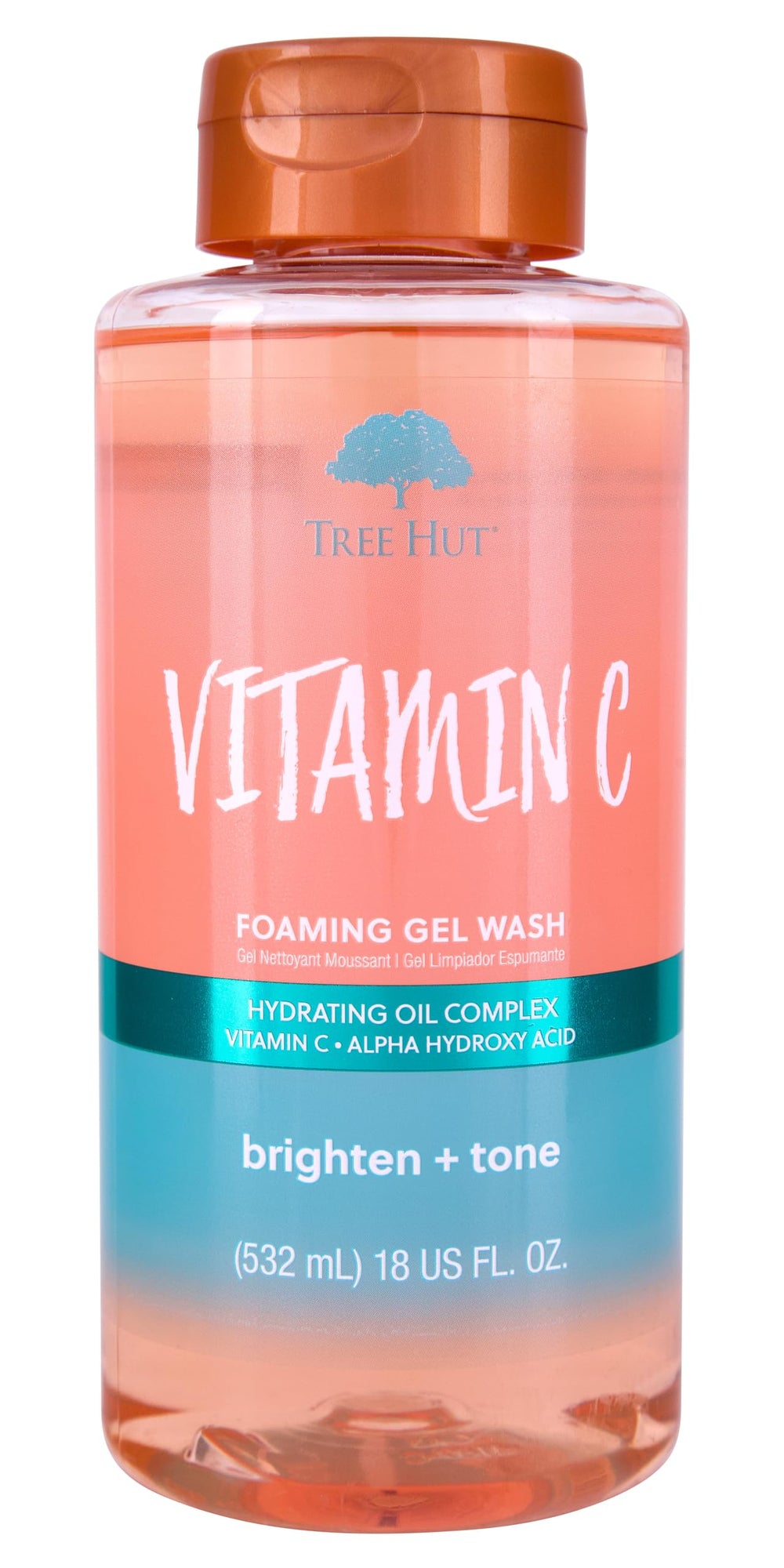 Tree Hut front label showing Vitamin C foaming gel and vibrant packaging benefits bright scent