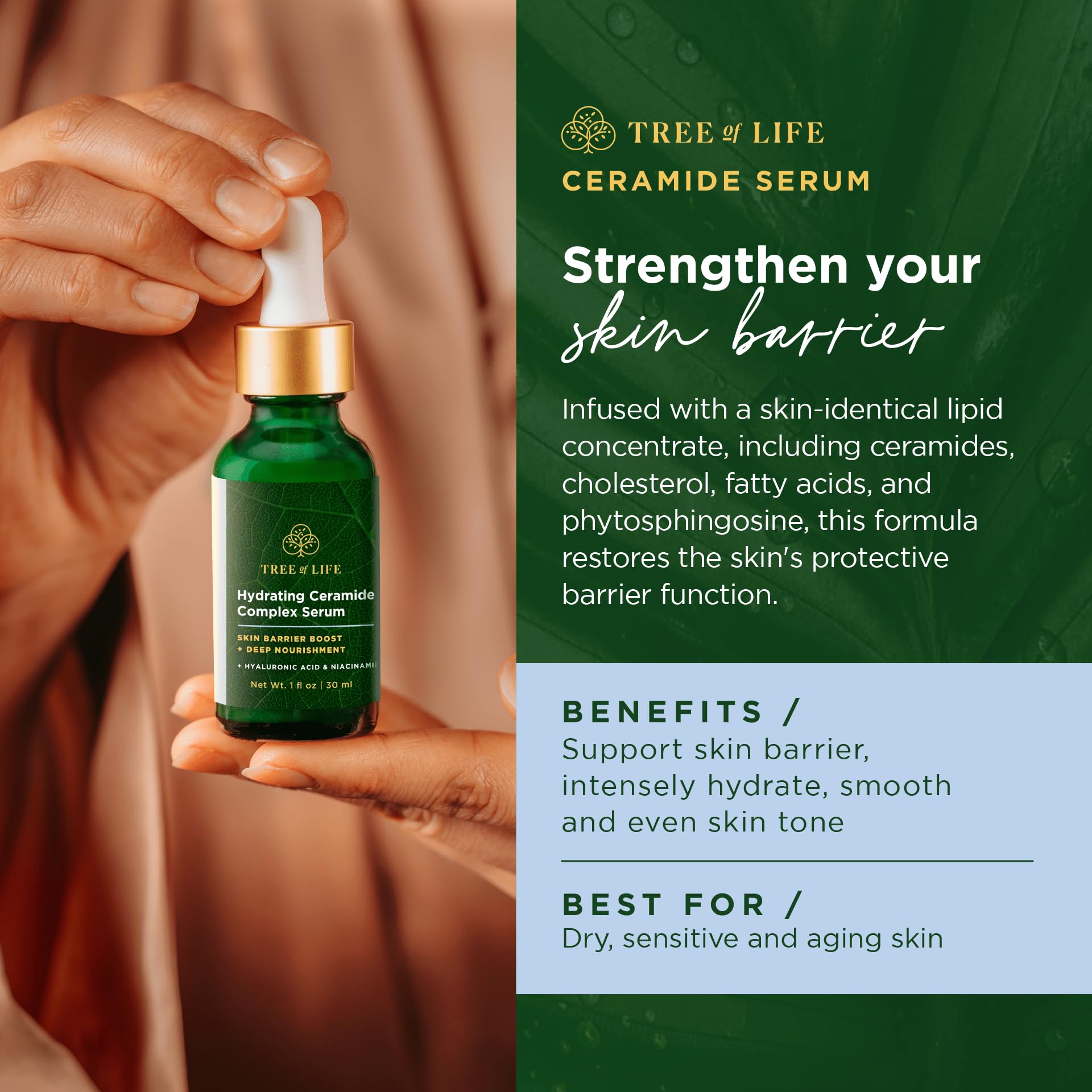 Tree of Life Beauty dropper dispensing serum highlighting precise application