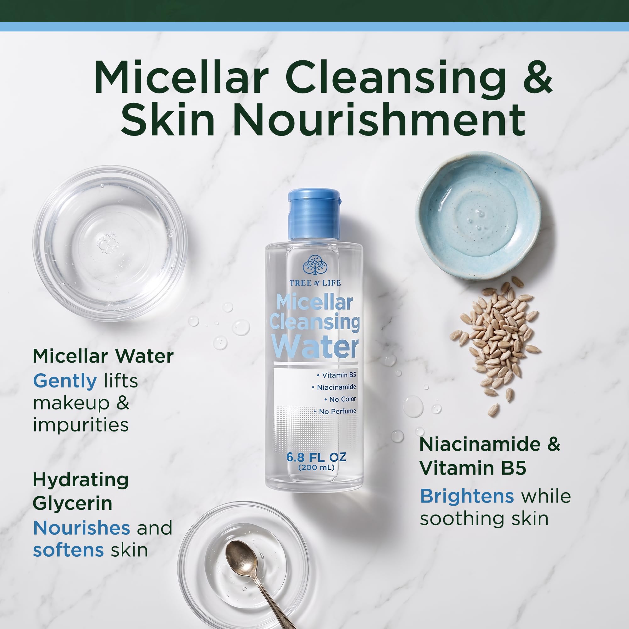 Tree of Life Beauty label close-up highlighting niacinamide and vitamin B5