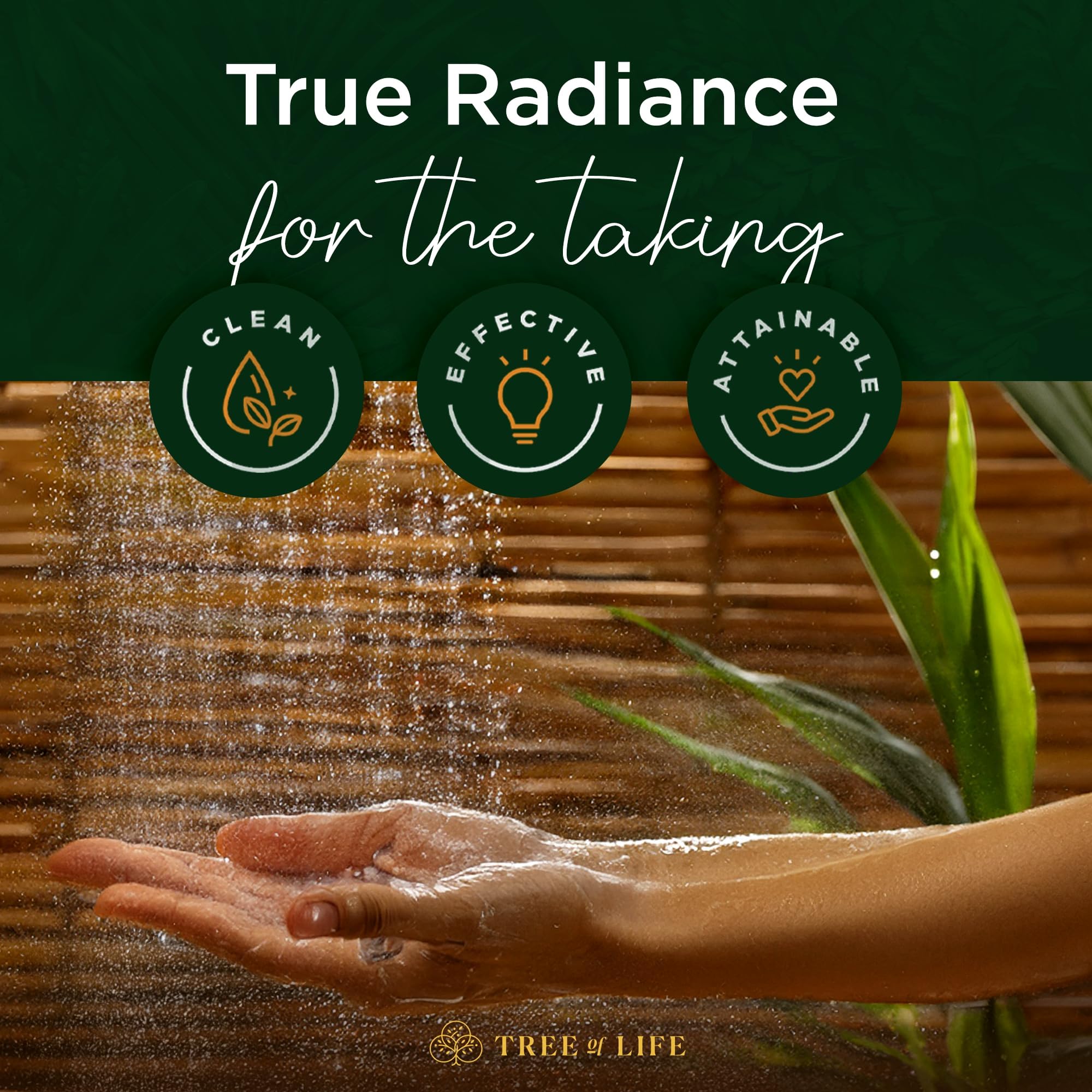 Tree of Life bottle in a bathroom scene conveying spa-like vanilla scent benefit