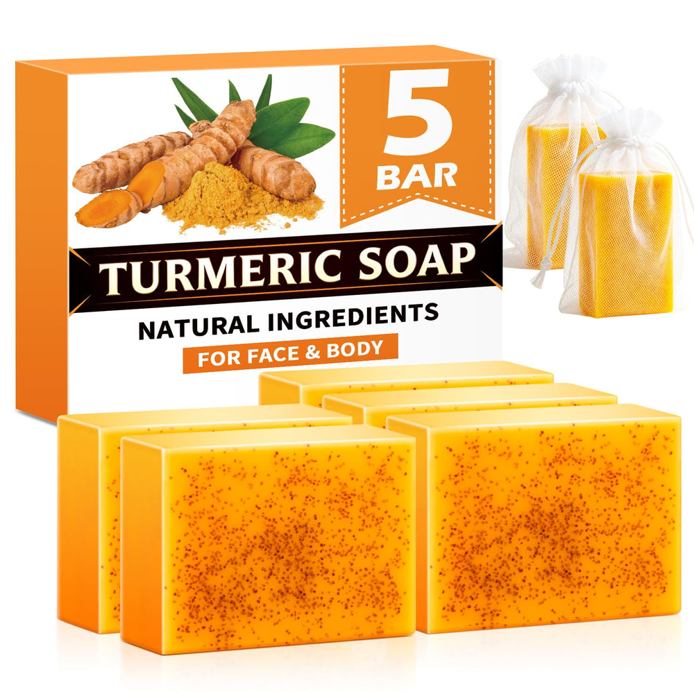 Treeroot front packaging showing five turmeric soap bars, highlights product benefits